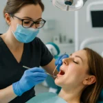 Stomatolog w nowoczesnym gabinecie w Bydgoszczy podczas leczenia pacjentki