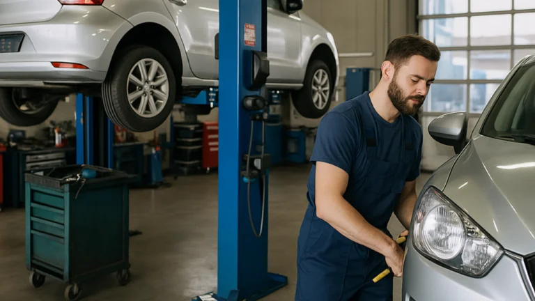 Mechanik samochodowy naprawia silnik w warsztacie w Bydgoszczy