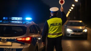 Patrol policji zatrzymuje samochód do kontroli na drodze krajowej