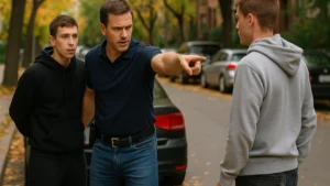 Policjant po służbie zatrzymuje dwóch mężczyzn na ulicy Osiedla Leśnego