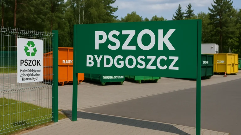 Punkt PSZOK w Bydgoszczy z kontenerami i mieszkańcami oddającymi odpady