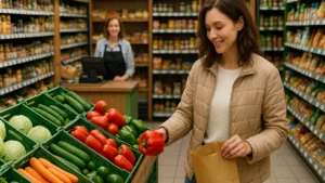Klientka wybierająca świeże warzywa w sklepie spożywczym w Bydgoszczy