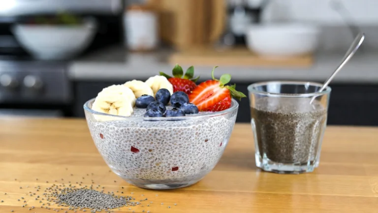 Namoczone nasiona chia z owocami w misce na kuchennym stole