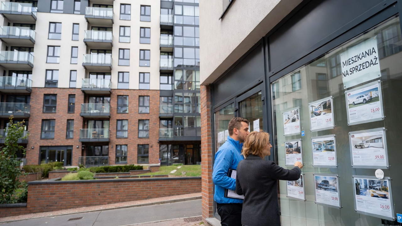 Nowe bloki mieszkalne i ludzie oglądający oferty nieruchomości w biurze sprzedaży