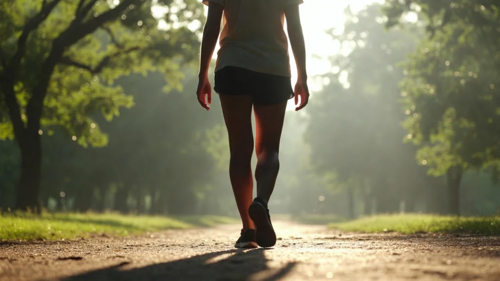 Osoba na spacerze w parku o poranku, luźny strój sportowy, spokojna atmosfera