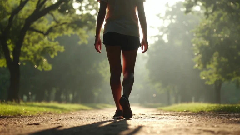 Osoba na spacerze w parku o poranku, luźny strój sportowy, spokojna atmosfera