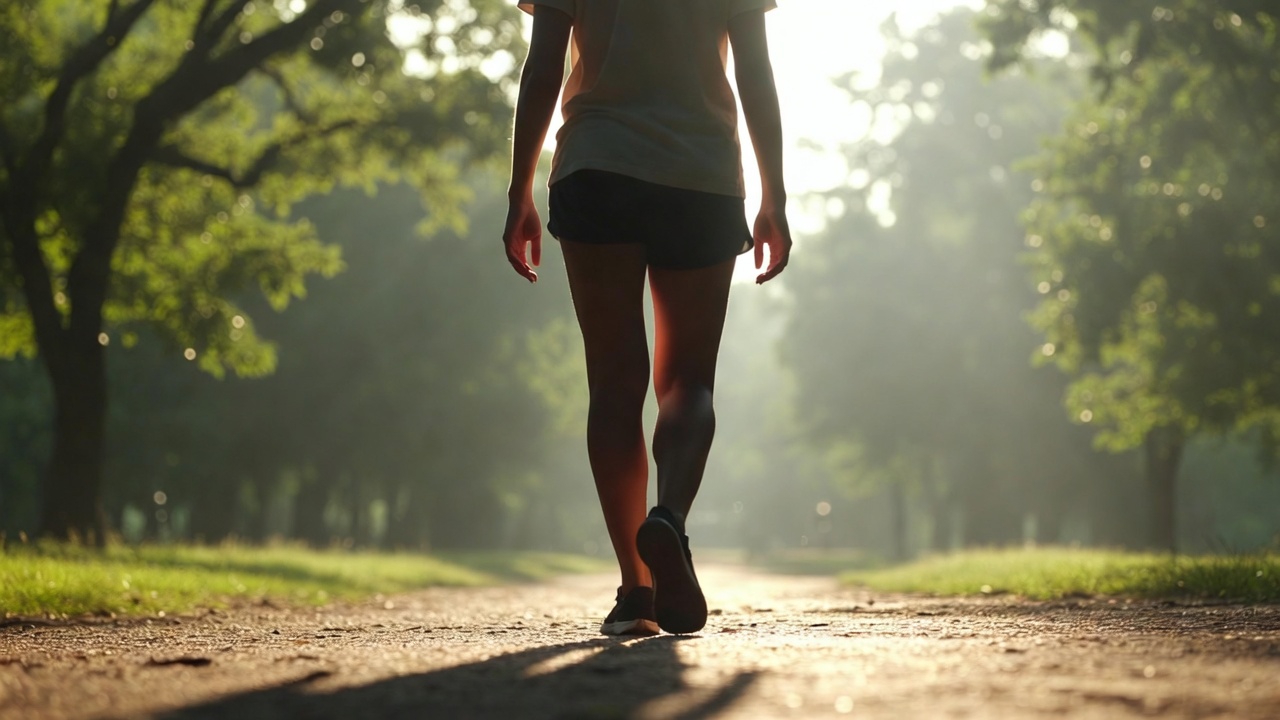 Osoba na spacerze w parku o poranku, luźny strój sportowy, spokojna atmosfera