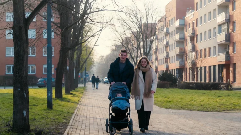 Rodzice z wózkiem w Bydgoszczy podczas spaceru z noworodkiem