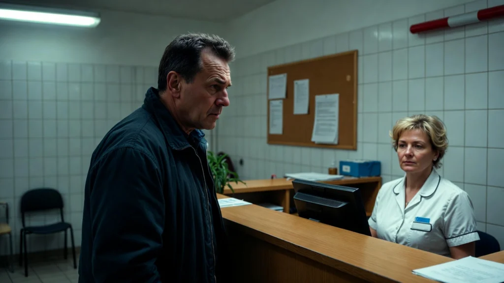 Zdenerwowany pacjent przy okienku rejestracji w przychodni w Bydgoszczy podczas konfliktowej sytuacji z personelem