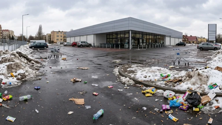 Śnieg stopniał i odsłonił prawdę. Bałagan przy Biedronce w Bydgoszczy