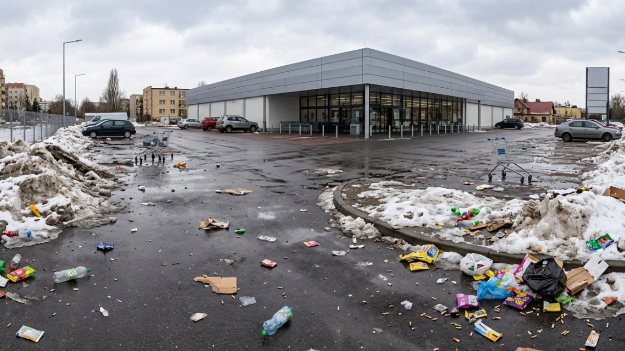 Śnieg stopniał i odsłonił prawdę. Bałagan przy Biedronce w Bydgoszczy
